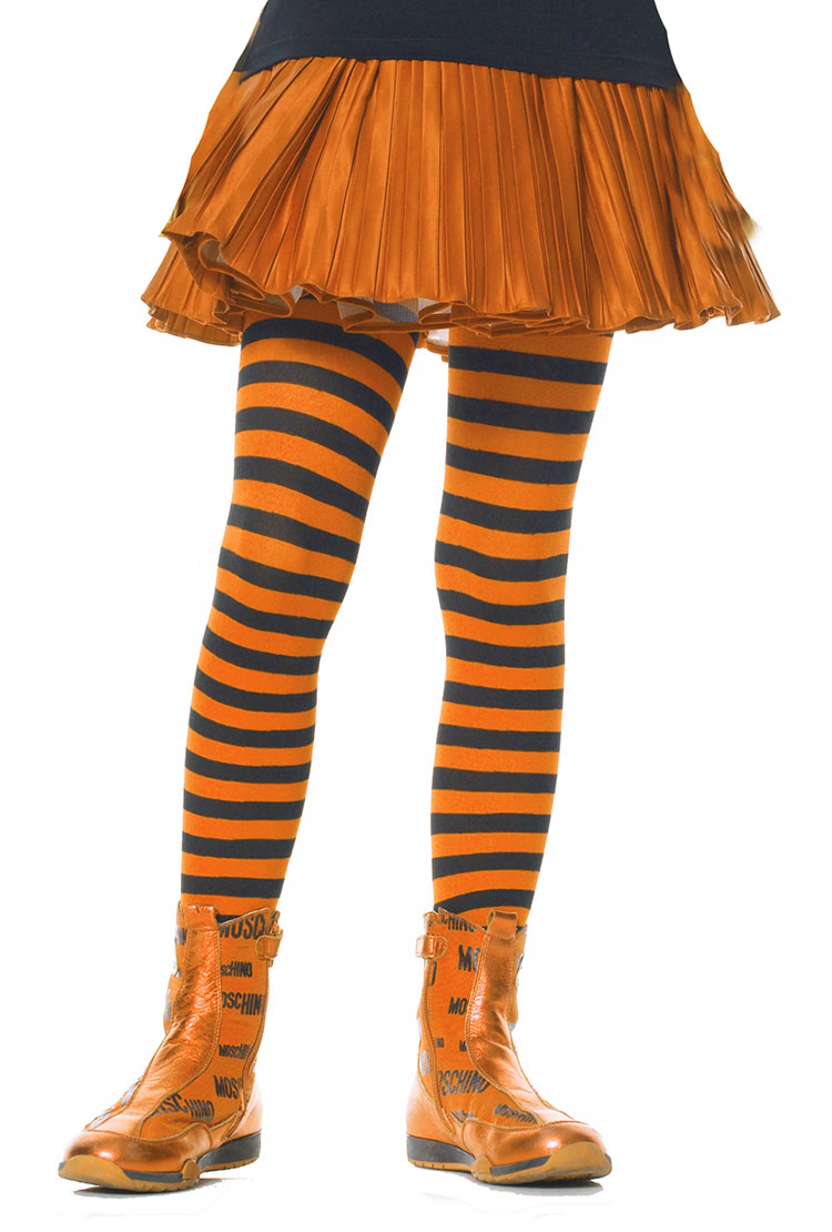 Girls Orange And Black Striped Tights