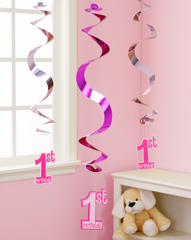 Pink 1st Birthday Hanging Swirl Decorations (5 count)