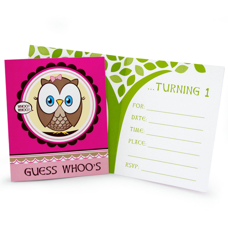 Look Whoo's 1 - Pink Invitations (8 count)