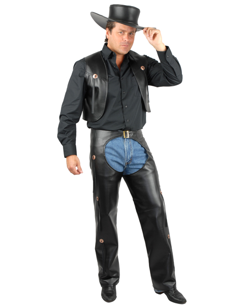 Men Plus Size Black Chaps & Vest Costume